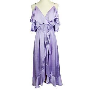 Bardot Satin Bea Wrap Ruffle Midi Dress 6 Lilac Coquette Fairy Whimsy Prom Glam